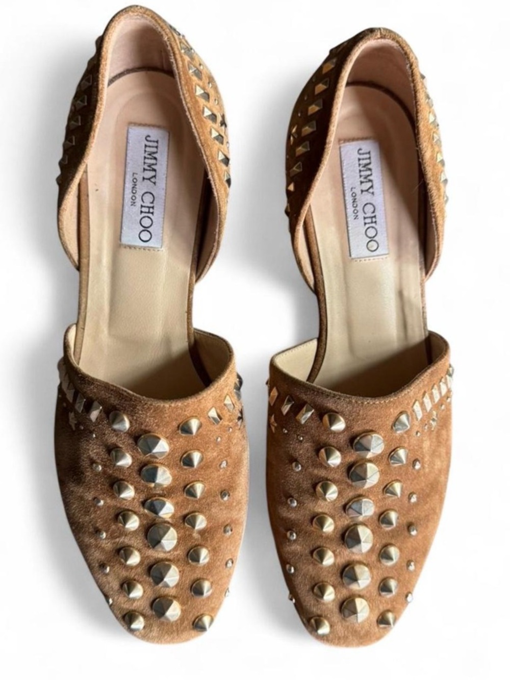 Jimmy Choo Studded Suede Mules Tan Leather Flats Pointed Toe Loafer 8.5 Edgy - Picture 2 of 8